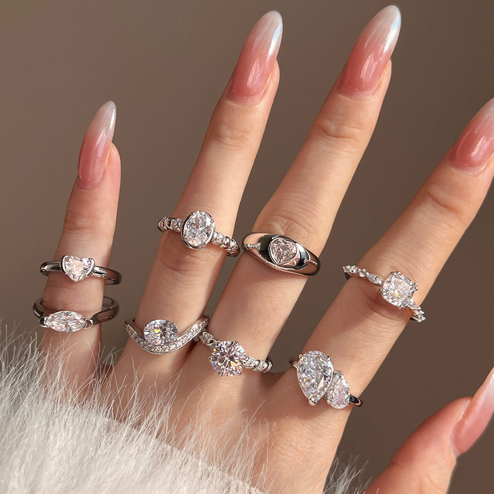 European and American all-match light luxury ice flower silver ring